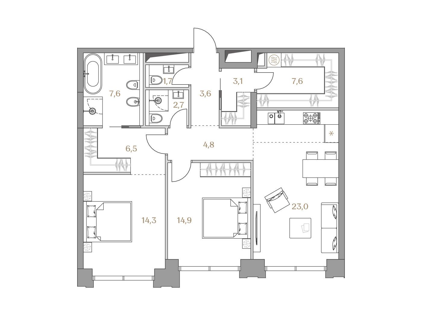 Планировка: 2-комн. квартира 89.80 м² в новостройке Коллекция Лужники