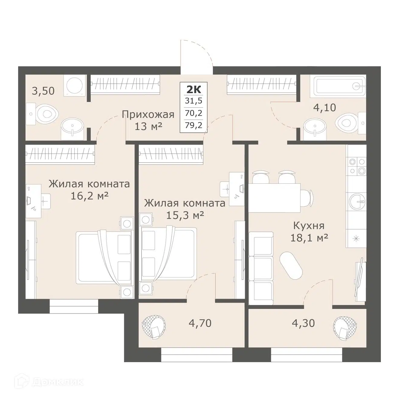 Планировка: 2-комн. квартира 77.00 м² в новостройке Моне