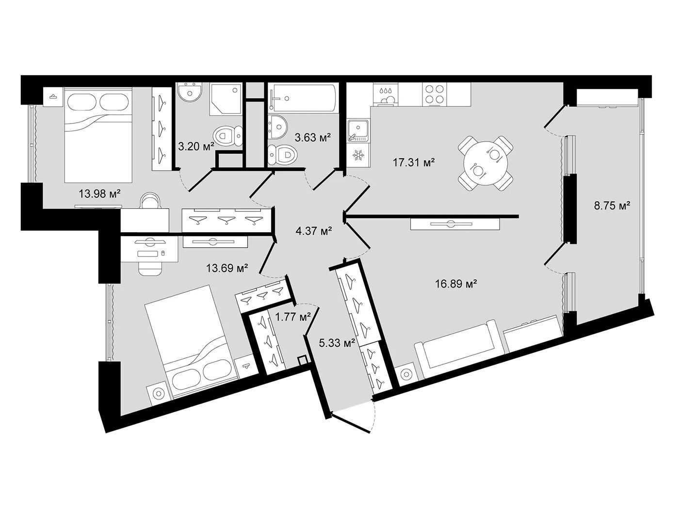 Планировка: 3-комн. квартира 84.55 м² в новостройке Новгородская 8