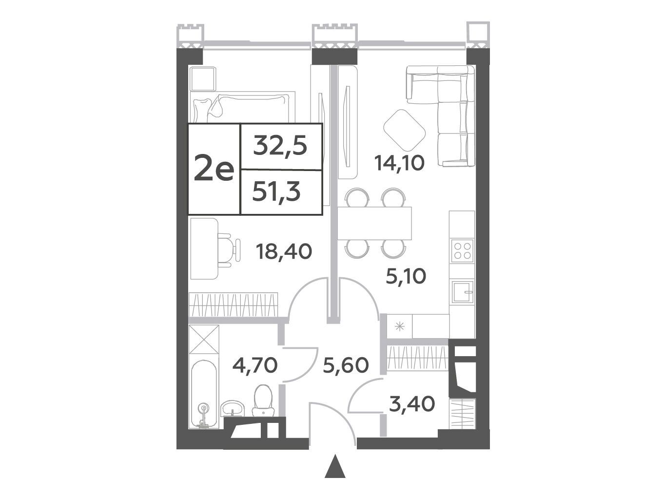 Планировка: 2-комн. квартира 51.30 м² в новостройке Вилл Тауэрс