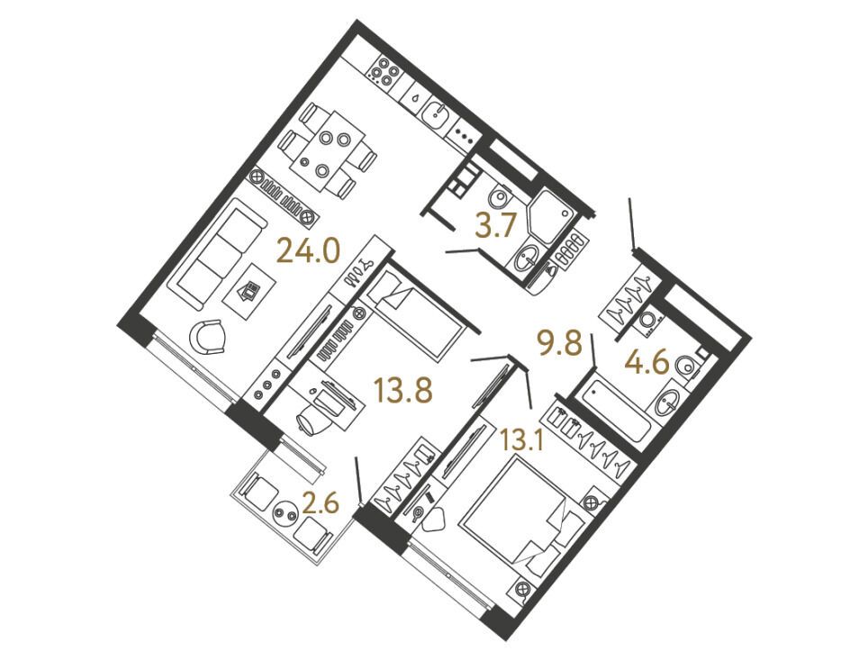 Планировка: 2-комн. квартира 69.00 м² в новостройке Цвет Зеленогорска