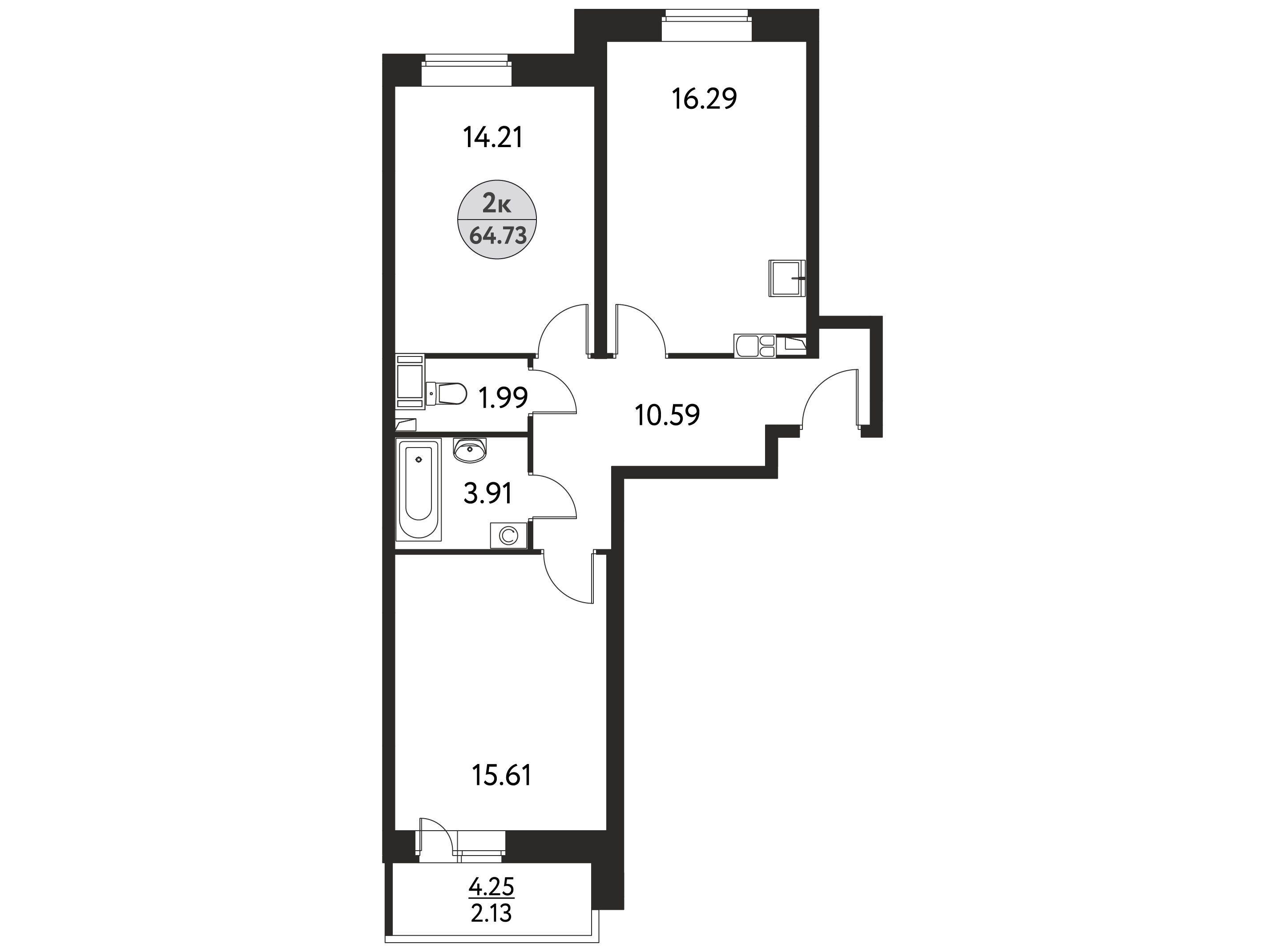 Планировка: 2-комн. квартира 64.73 м² в новостройке Дом на Сиреневой