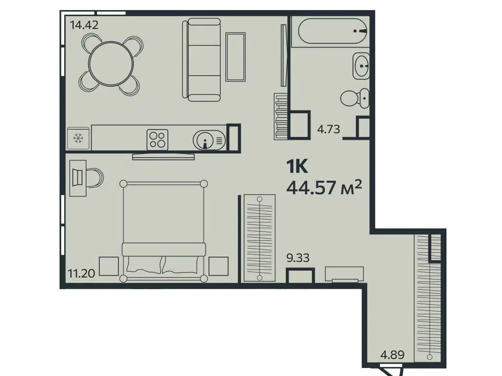 Планировка: 1-комн. квартира 44.57 м² в новостройке Эдельвейс