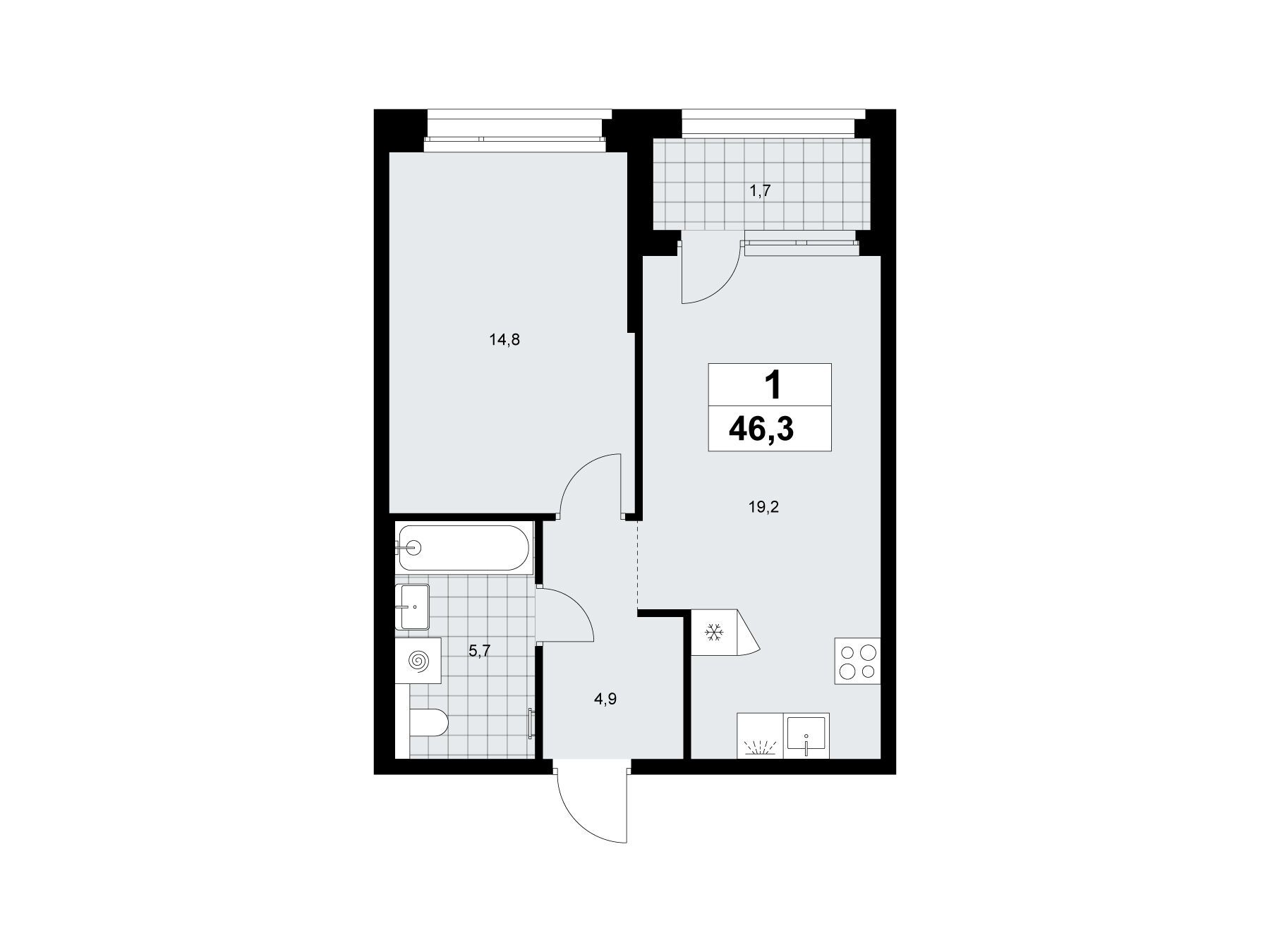 Планировка: 1-комн. квартира 46.30 м² в новостройке Хольм
