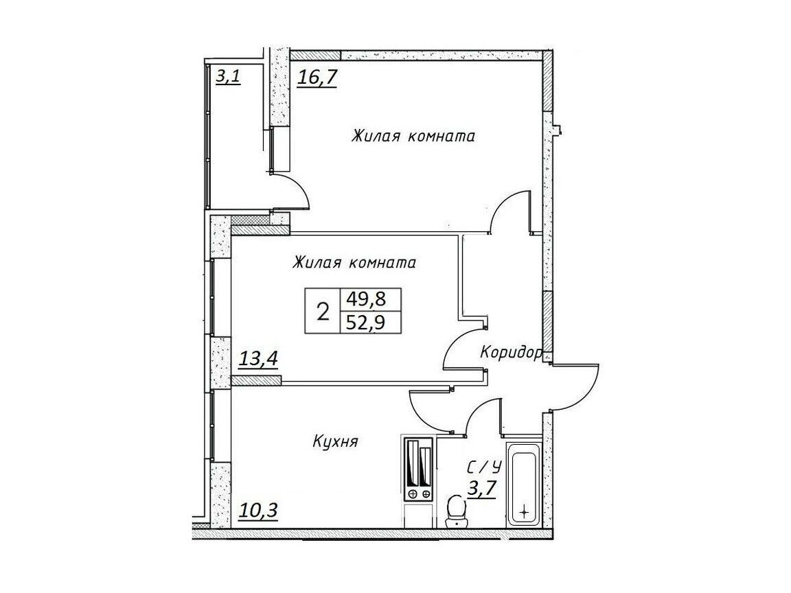 Планировка: 2-комн. квартира 52.90 м² в новостройке ЖК Шоколад (Дмитров)