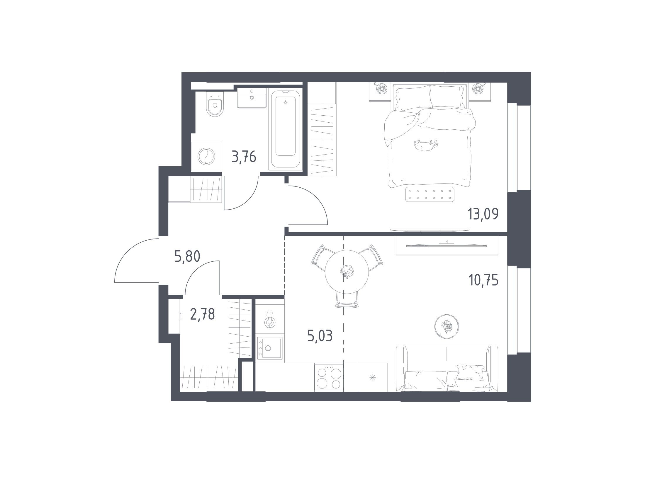Планировка: 1-комн. квартира 41.21 м² в новостройке Заречье Парк