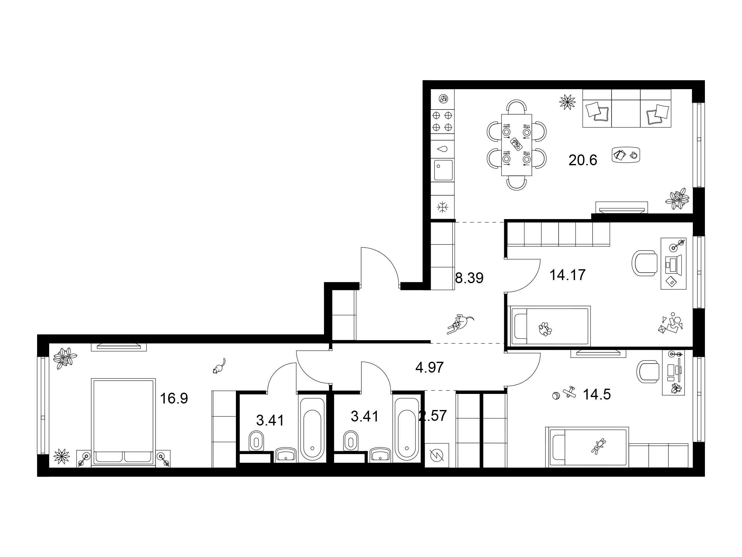 Планировка: 3-комн. квартира 88.92 м² в новостройке Квартал Мит