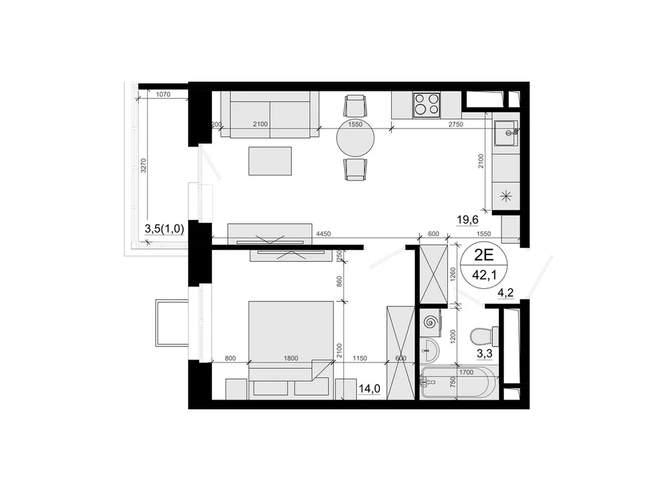 Планировка: 1-комн. квартира 43.00 м² в новостройке ЖК Одинцовские кварталы