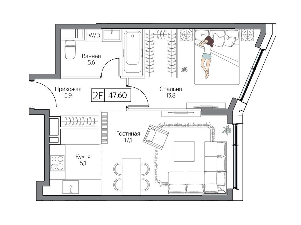 Планировка: 1-комн. квартира 47.00 м² в новостройке Дрим Рива