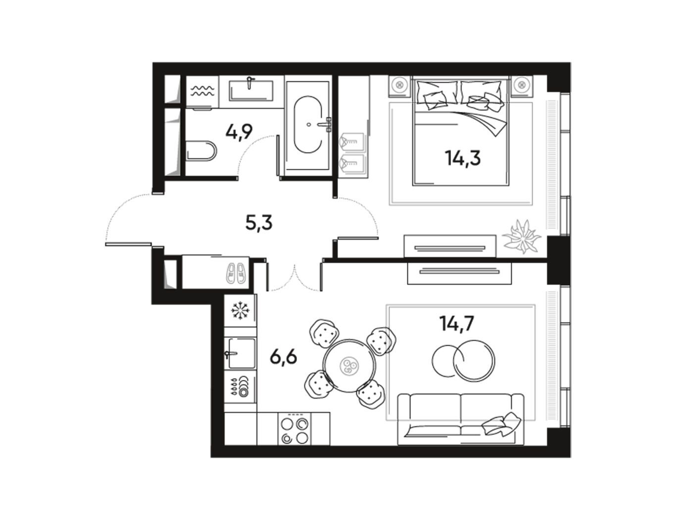 Планировка: 2-комн. квартира 45.80 м² в новостройке Прайд
