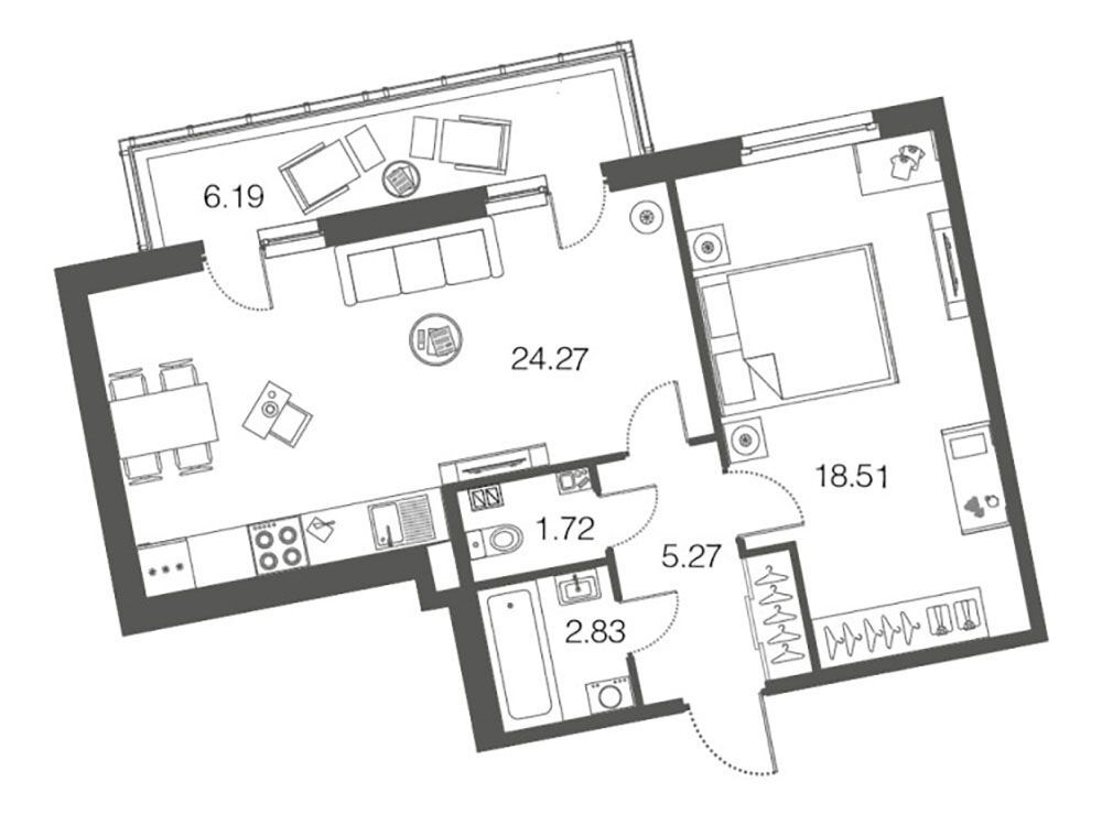 Планировка: 1-комн. квартира 52.90 м² в новостройке ЭкоСити