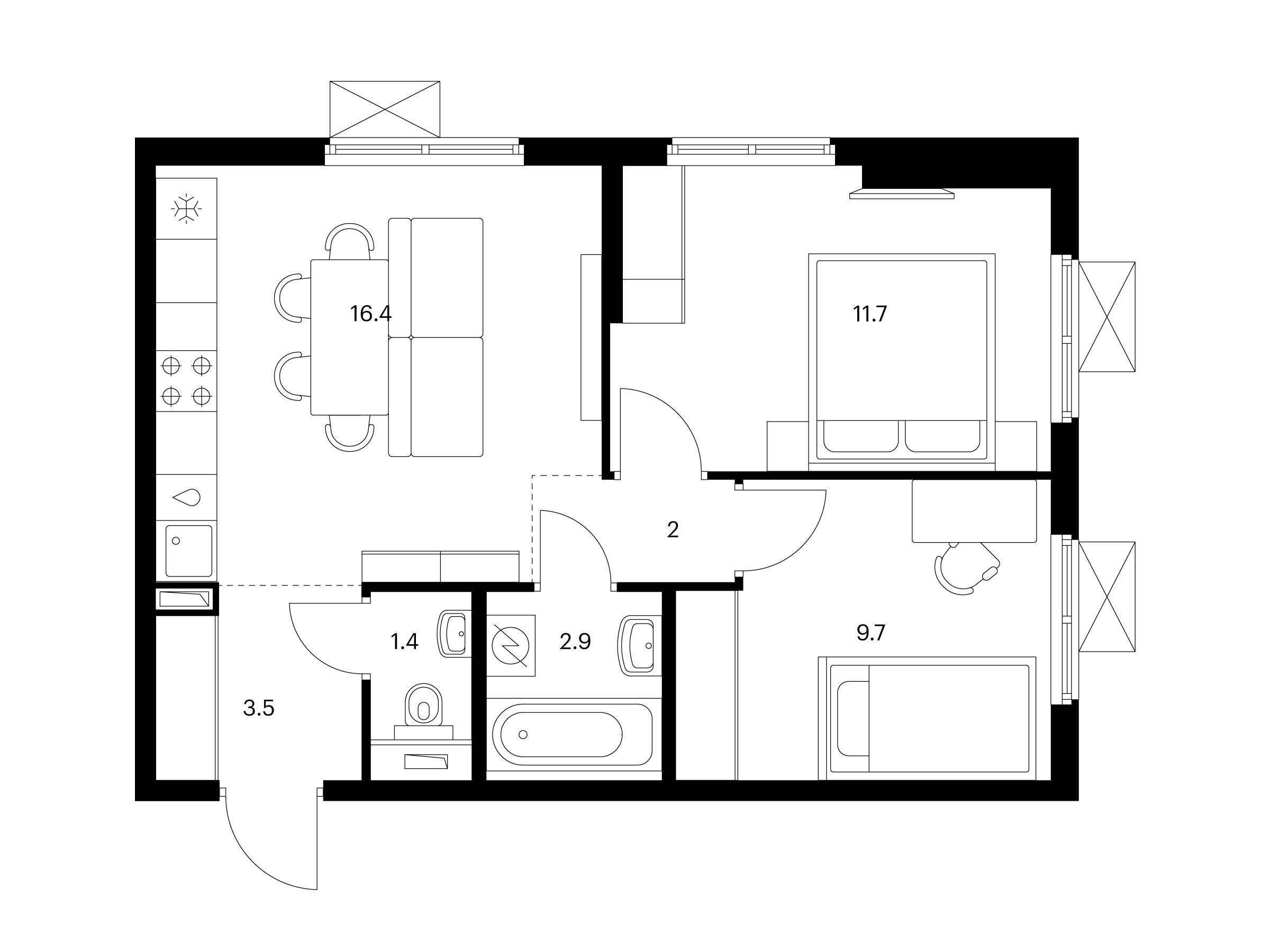 Планировка: 2-комн. квартира 47.60 м² в новостройке Юнино