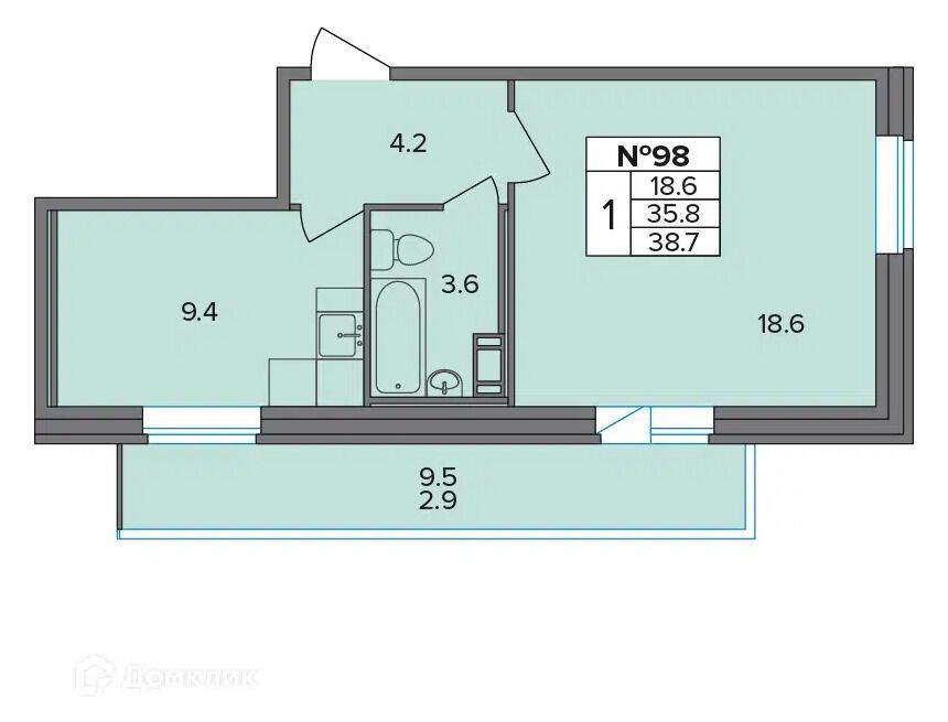 Планировка: 1-комн. квартира 38.70 м² в новостройке Капральский