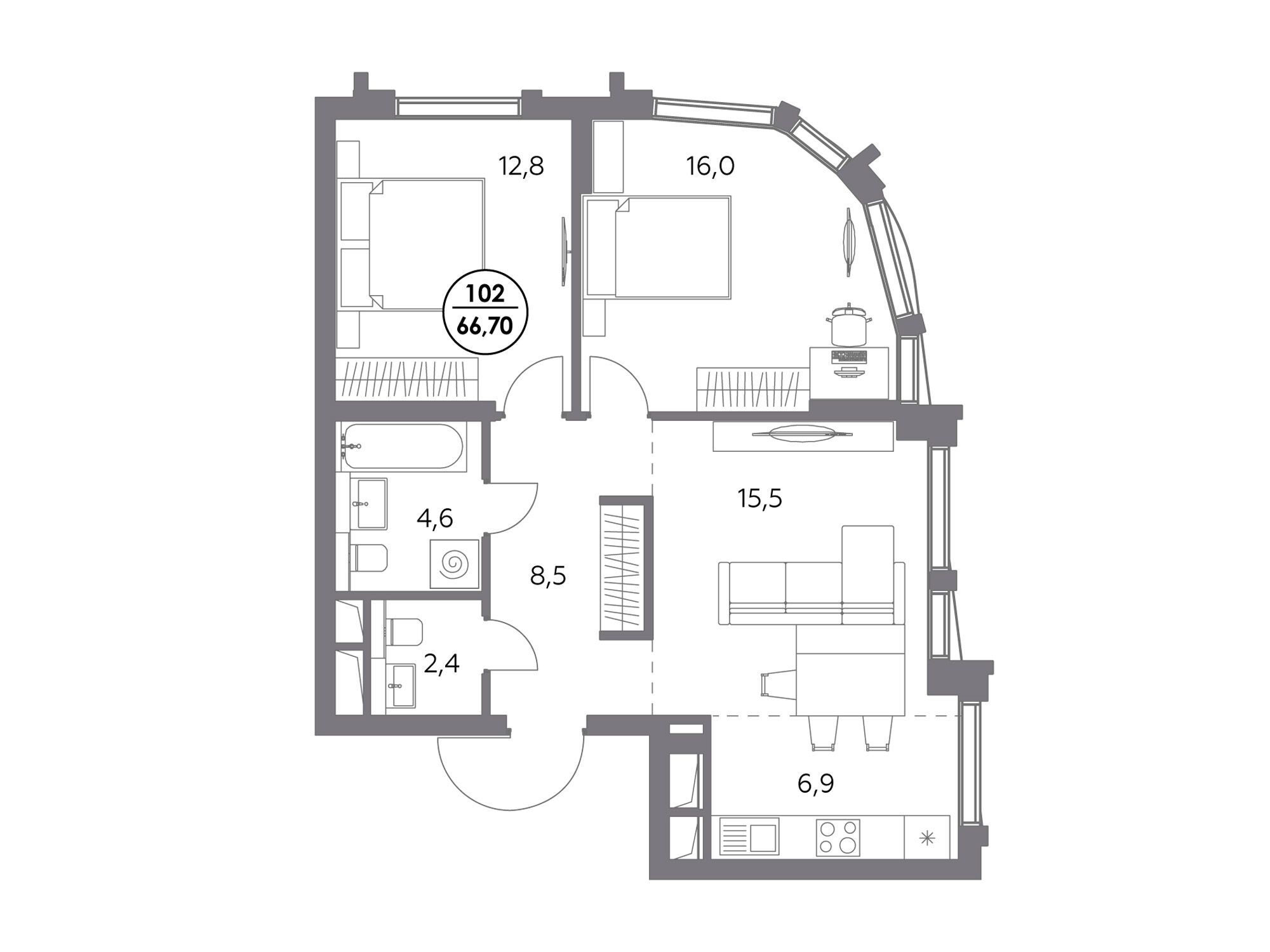 Планировка: 2-комн. квартира 66.70 м² в новостройке ЖК Дом 56