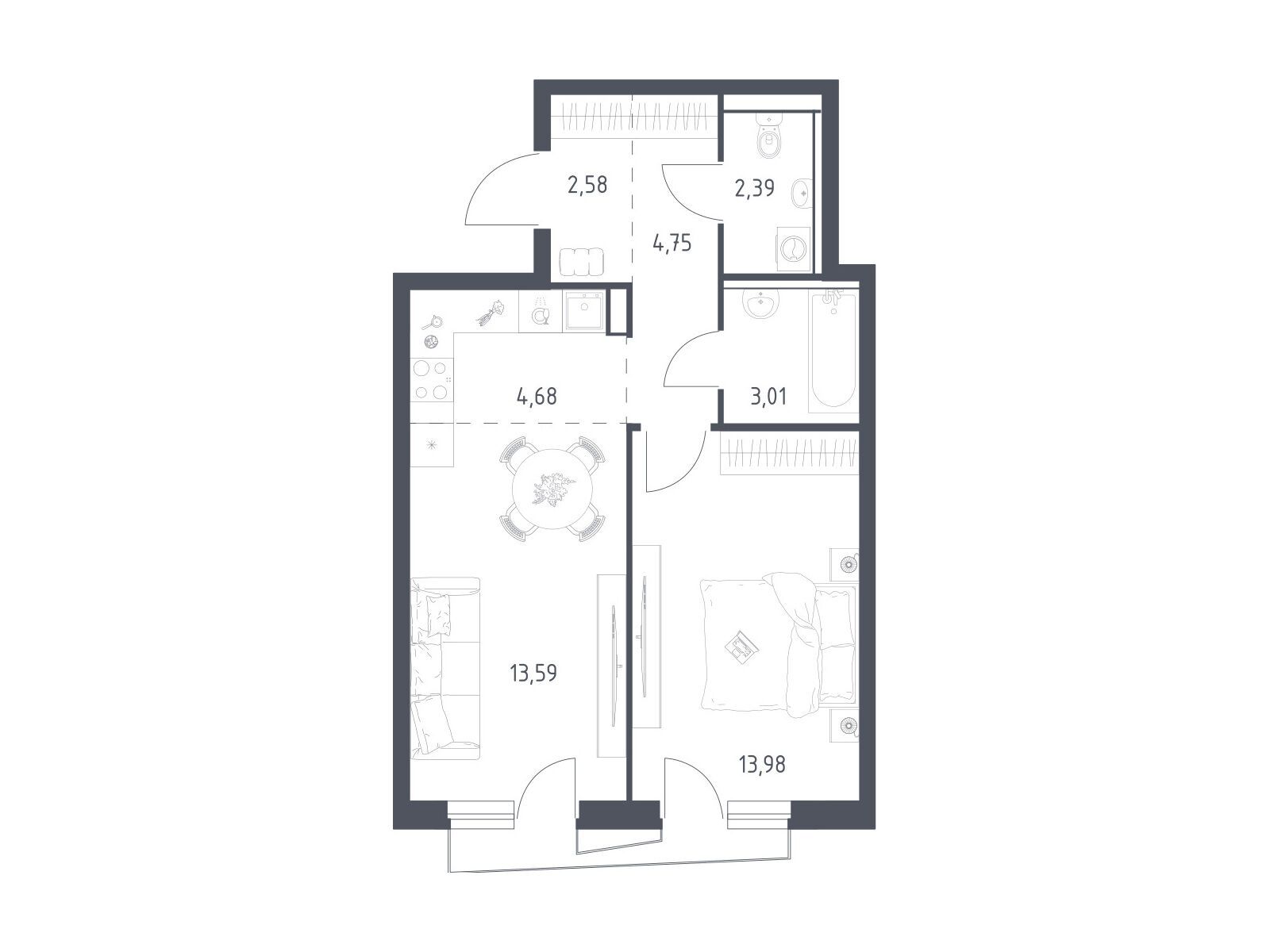 Планировка: 1-комн. квартира 44.30 м² в новостройке Квартал Авиаторов
