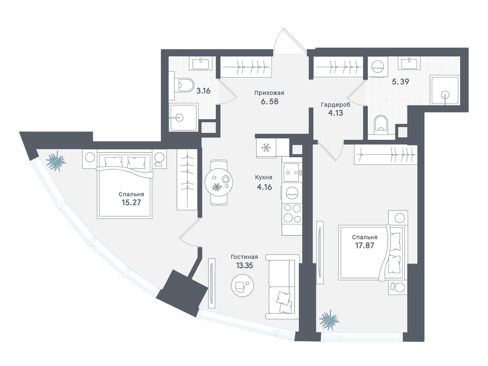Планировка: 2-комн. квартира 69.91 м² в новостройке ЖК Солос