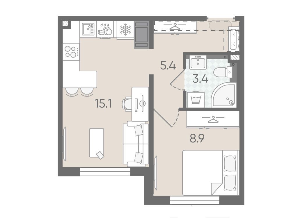 Планировка: 1-комн. квартира 32.80 м² в новостройке Пейзажный квартал