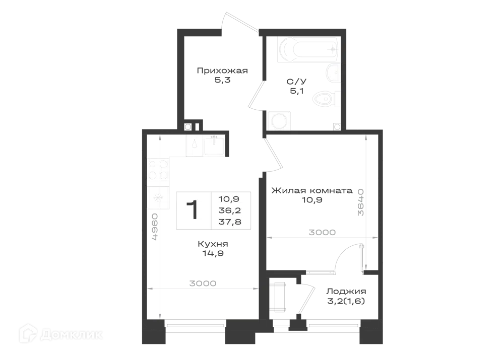 Планировка: 1-комн. квартира 37.80 м² в новостройке Нагория