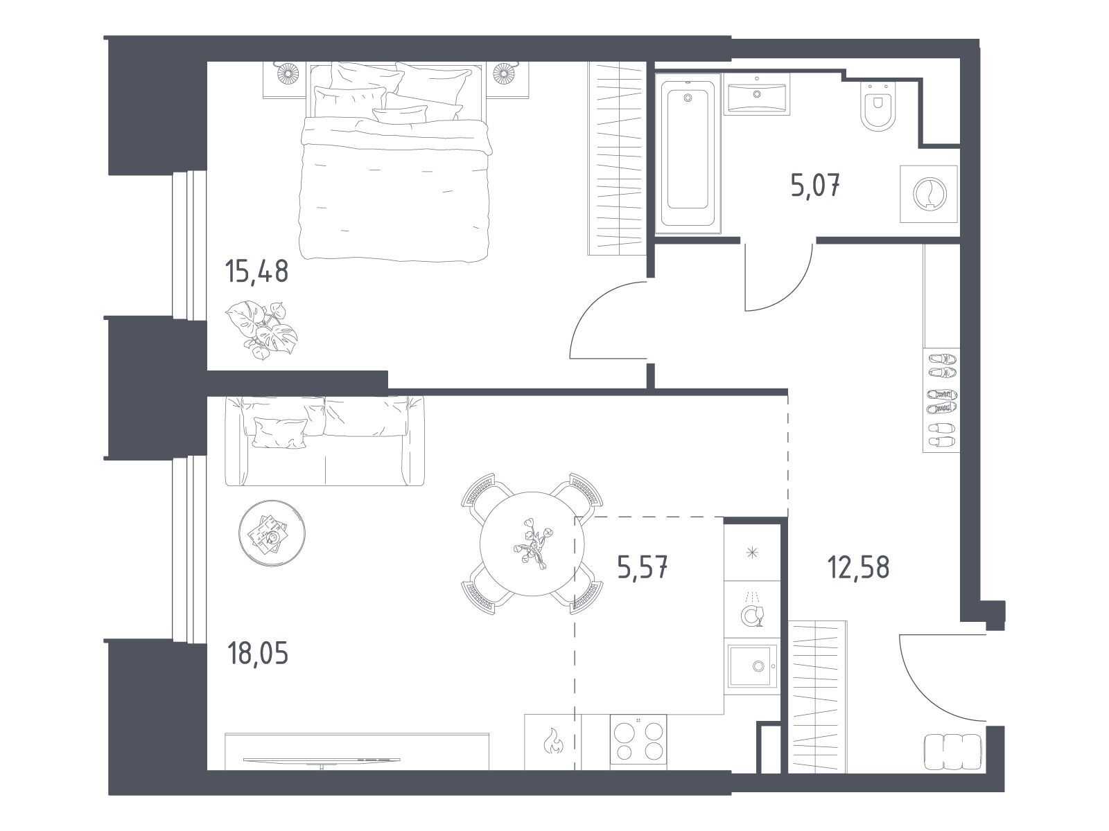 Планировка: 1-комн. квартира 56.75 м² в новостройке Скай Спутник
