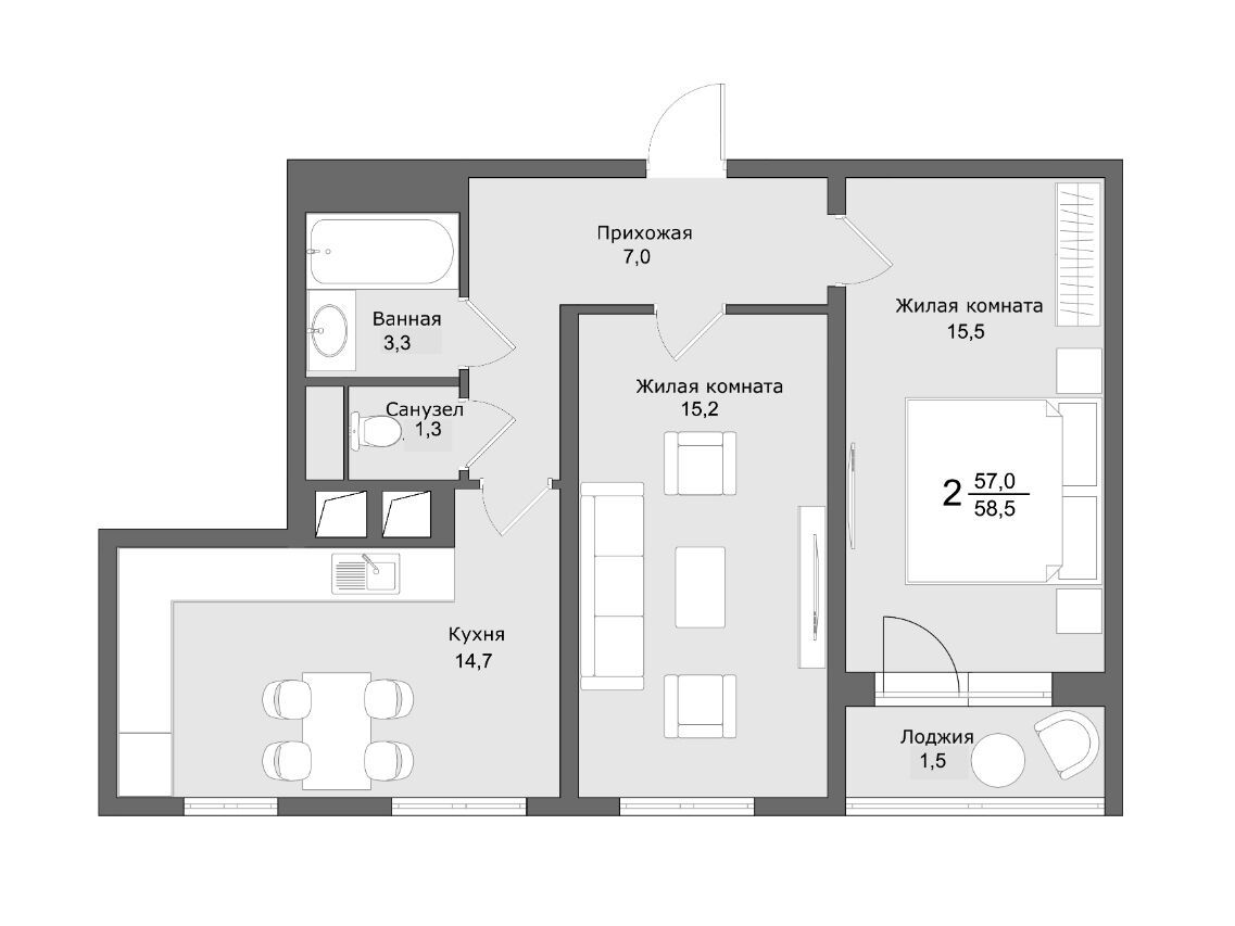 Планировка: 3-комн. квартира 58.20 м² в новостройке Клевер