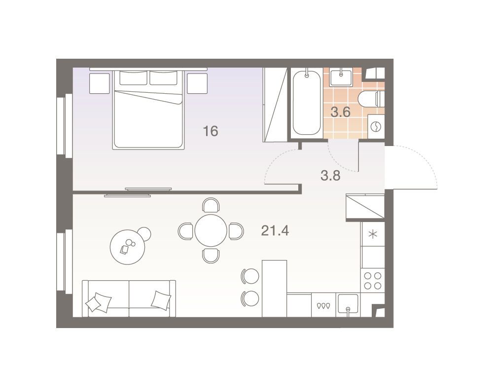 Планировка: 2-комн. квартира 45.10 м² в новостройке Твелв