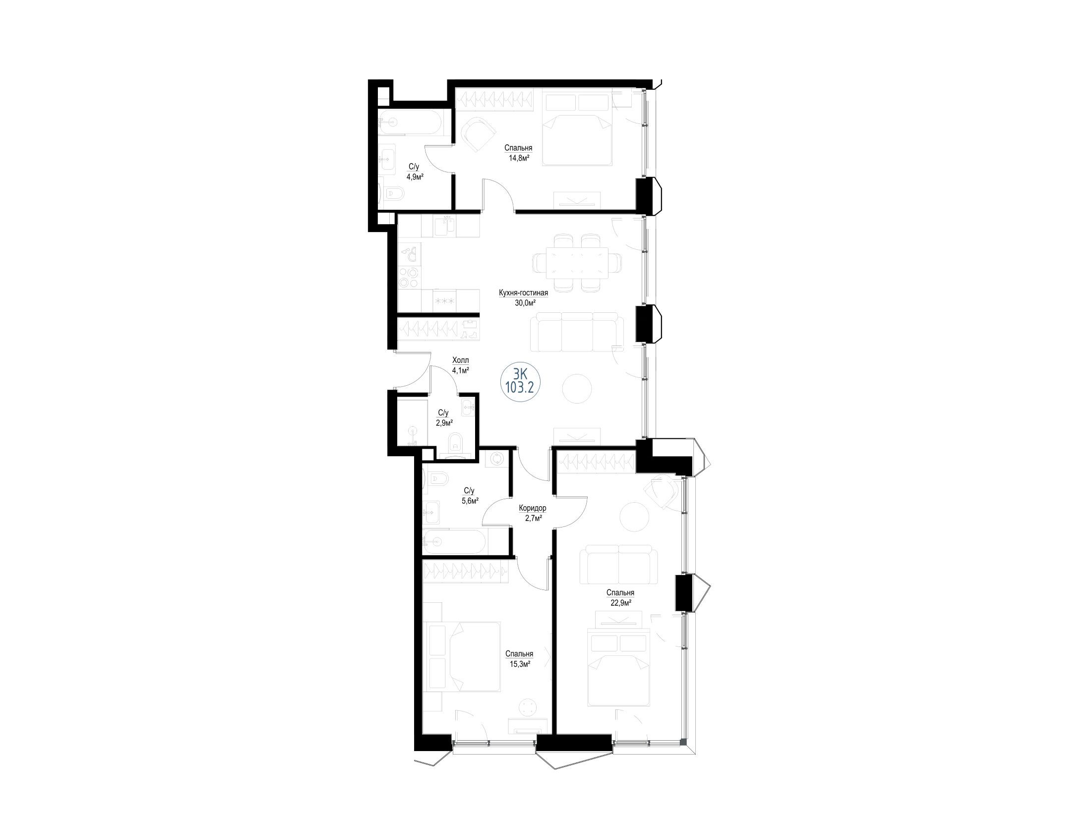 Планировка: 4-комн. квартира 101.20 м² в новостройке Метрополия