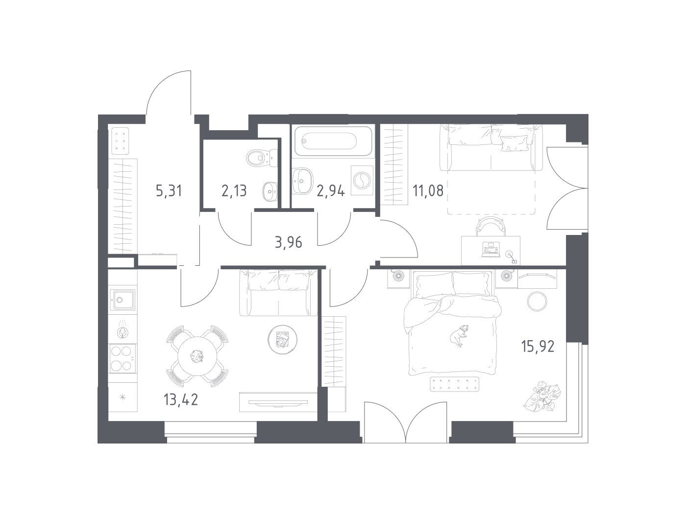 Планировка: 2-комн. квартира 54.76 м² в новостройке Квартал Западный