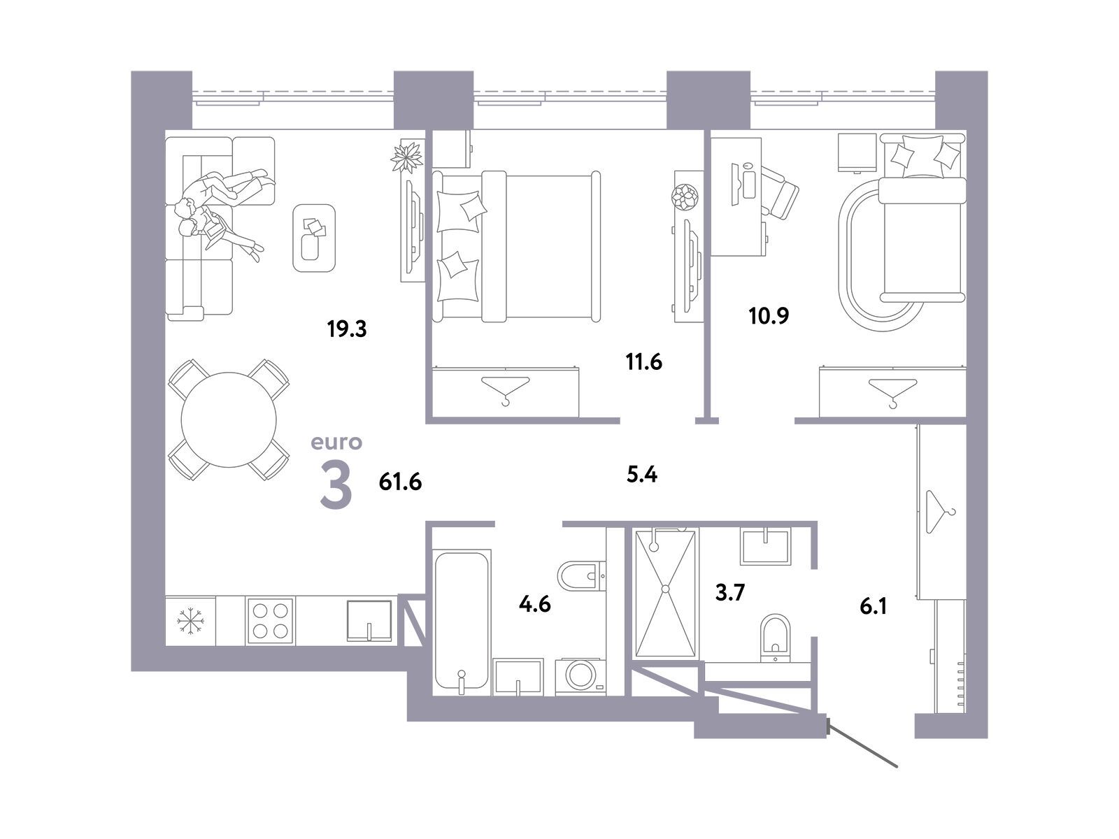 Планировка: 3-комн. квартира 61.60 м² в новостройке Страна. Заречная