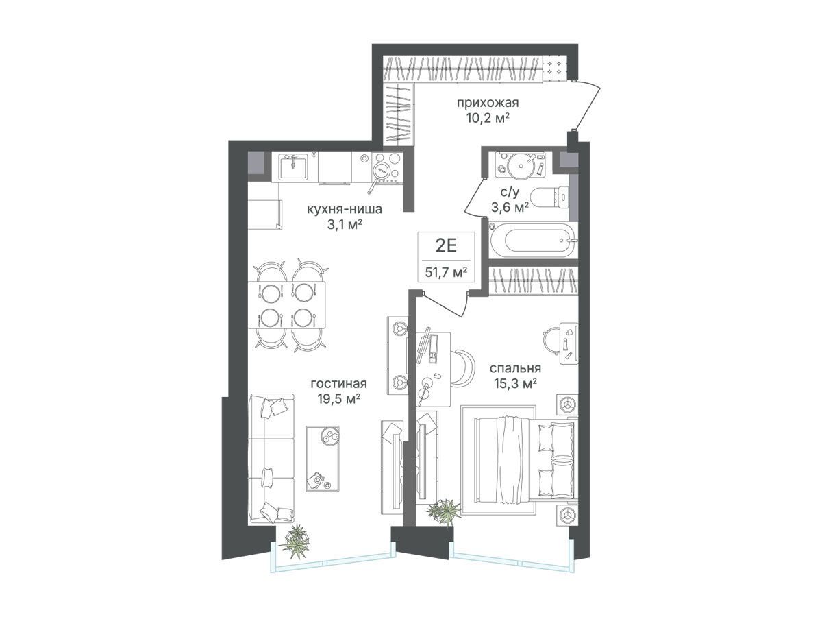 Планировка: 1-комн. квартира 51.70 м² в новостройке Петровский парк II