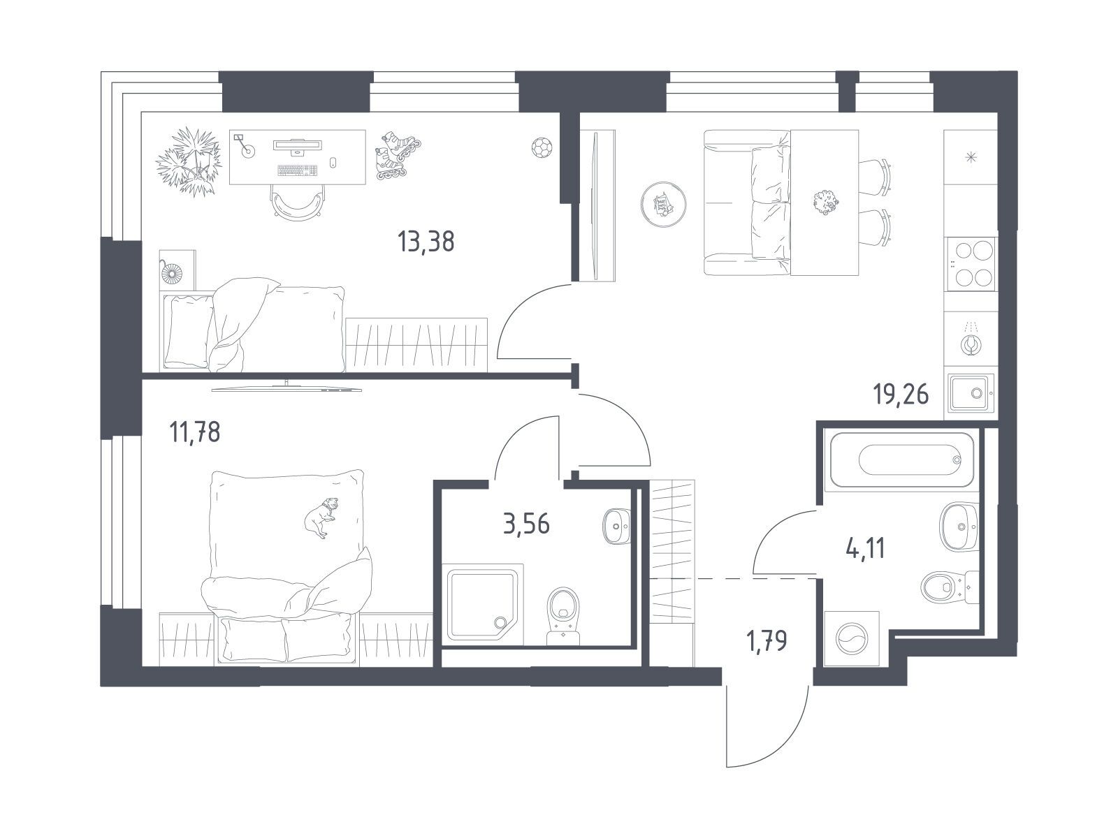 Планировка: 2-комн. квартира 53.88 м² в новостройке Квартал Ивакино