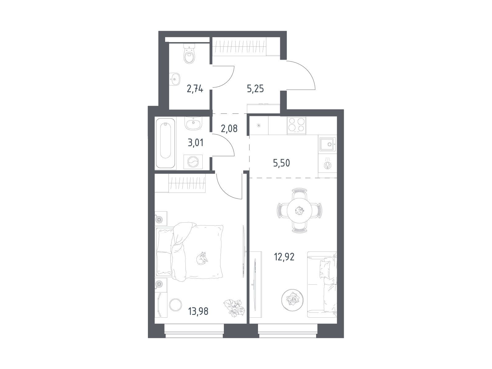 Планировка: 1-комн. квартира 45.48 м² в новостройке Новое Видное
