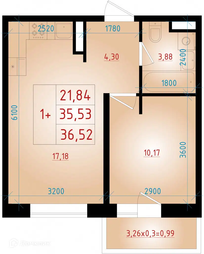 Планировка: 1-комн. квартира 36.52 м² в новостройке Мега2