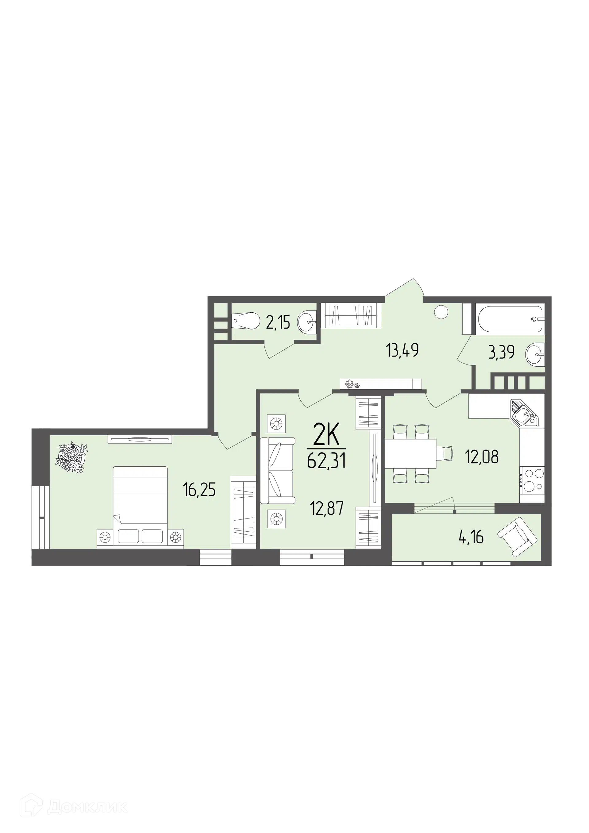 Планировка: 2-комн. квартира 62.31 м² в новостройке Кумир