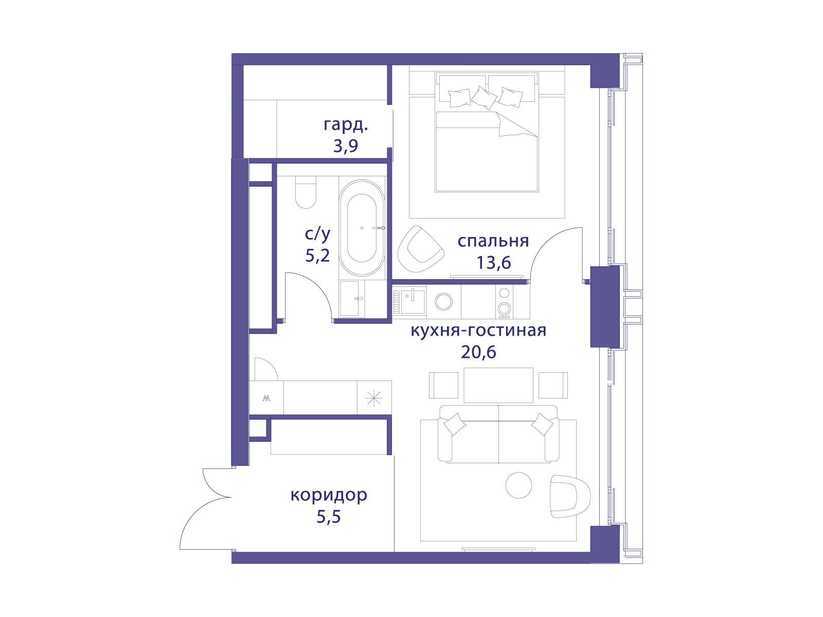 Планировка: 1-комн. квартира 48.80 м² в новостройке Татарская 35