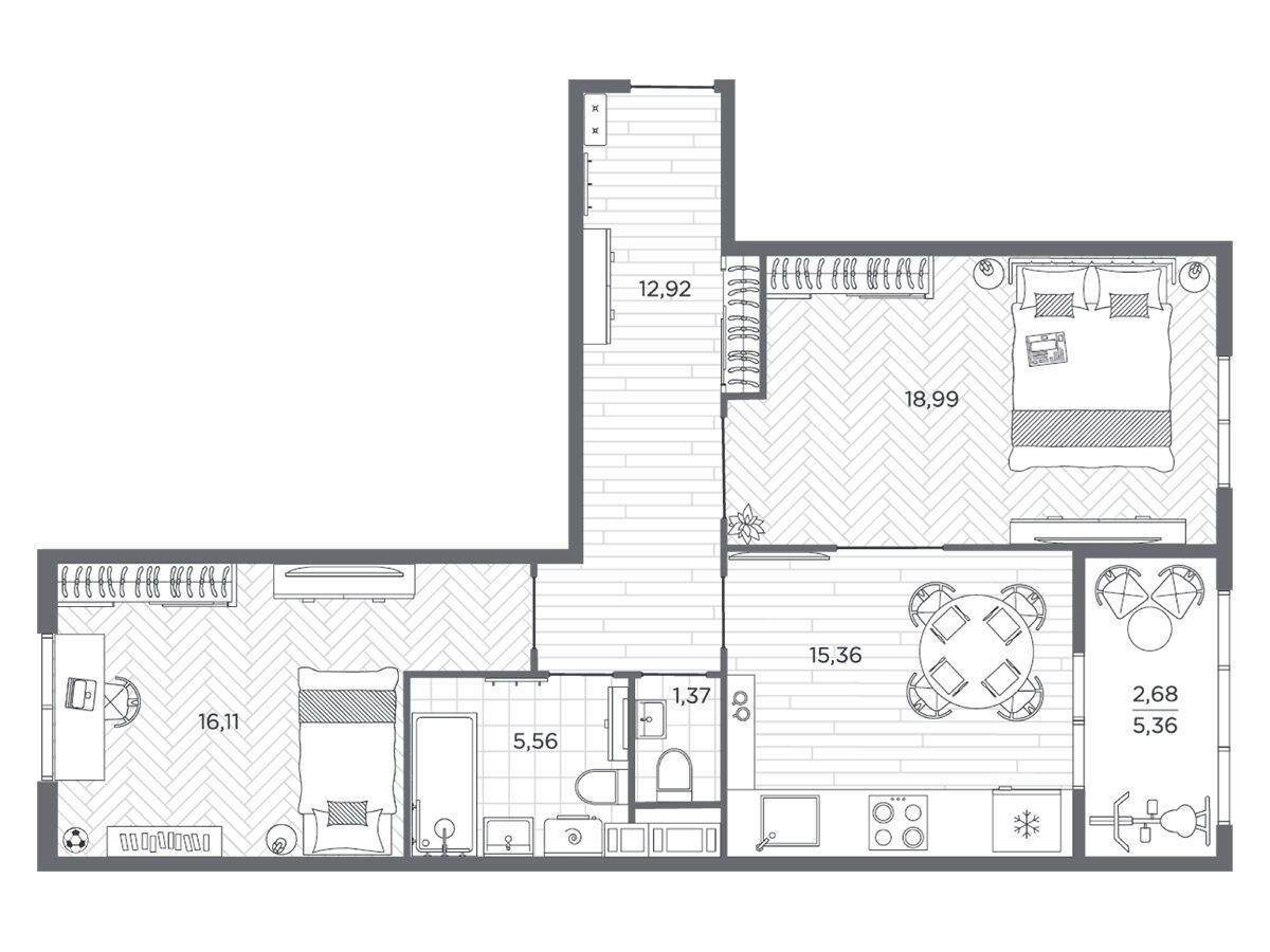 Планировка: 2-комн. квартира 72.80 м² в новостройке Бакунина 33