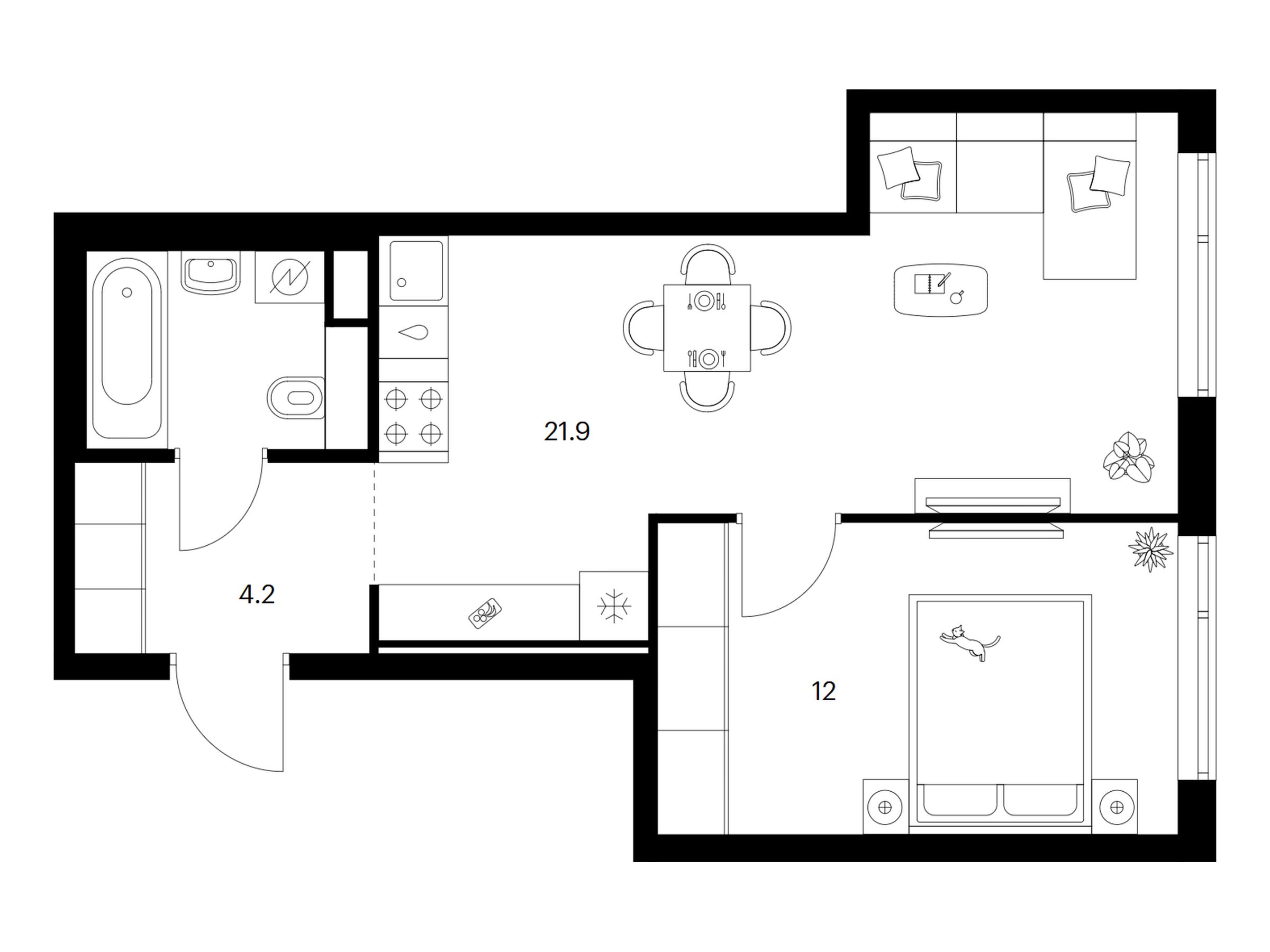Планировка: 1-комн. квартира 41.60 м² в новостройке Бунинская набережная