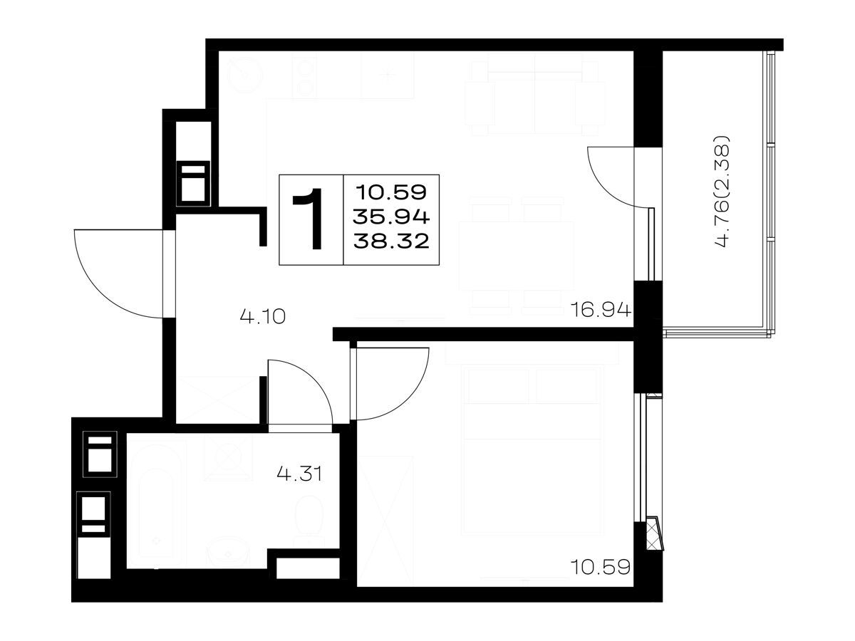 Планировка: 1-комн. квартира 38.32 м² в новостройке Борский