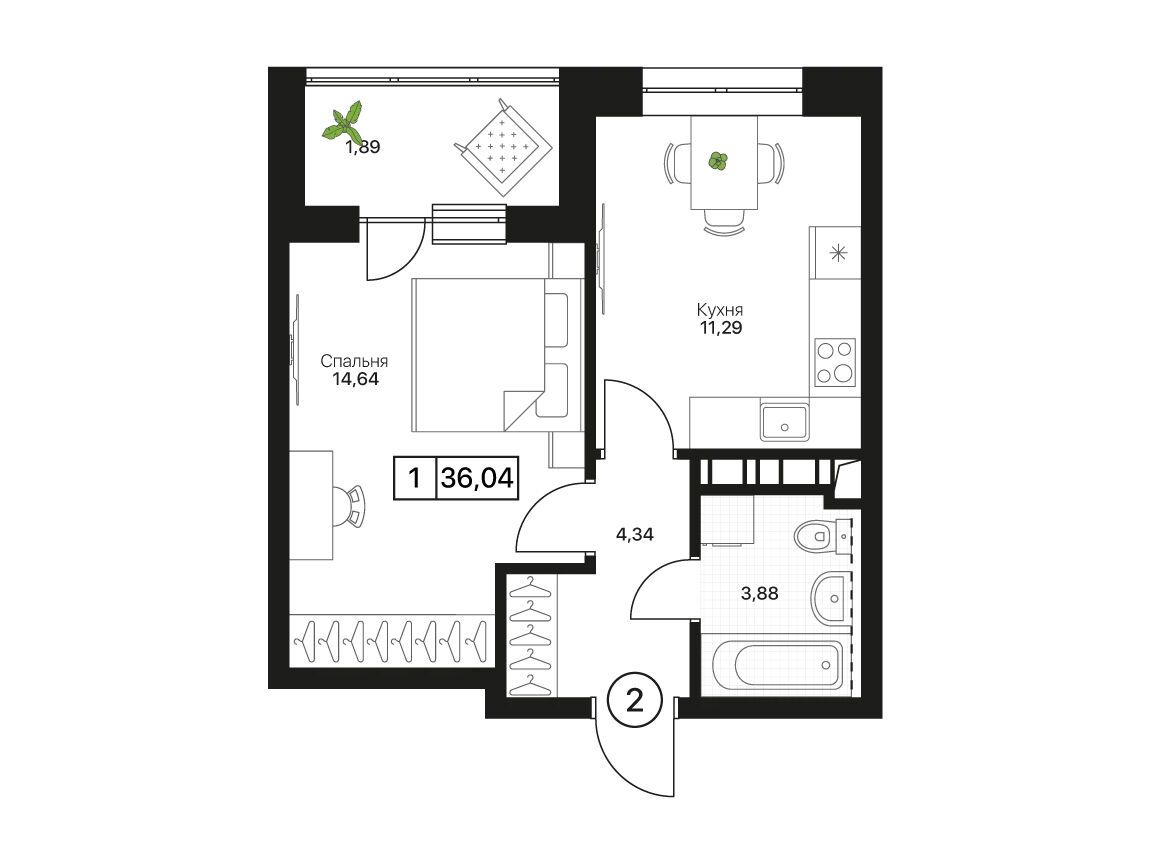 Планировка: 1-комн. квартира 36.04 м² в новостройке Пушкино Град