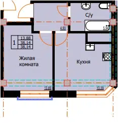 Планировка: 1-комн. квартира 38.14 м² в новостройке Резиденция г. Ессентуки