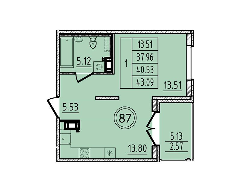 Планировка: 1-комн. квартира 37.96 м² в новостройке Образцовый квартал 14