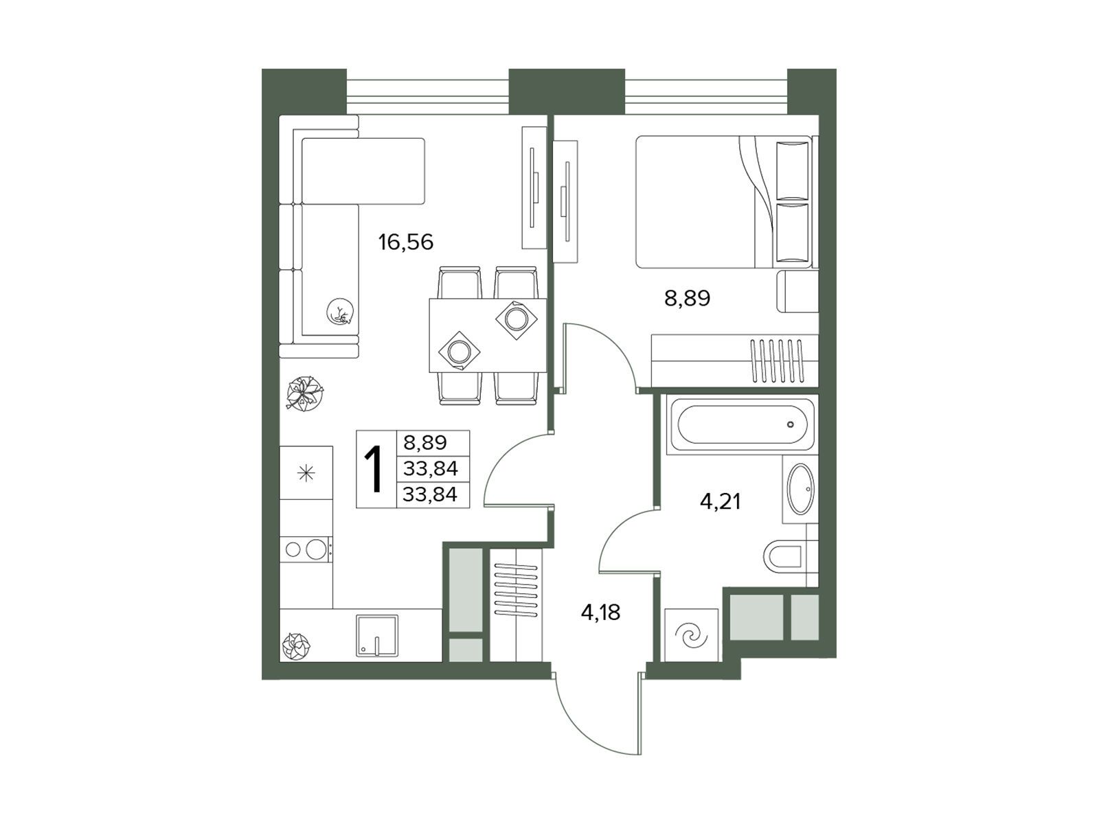 Планировка: 1-комн. квартира 33.84 м² в новостройке Городской бор