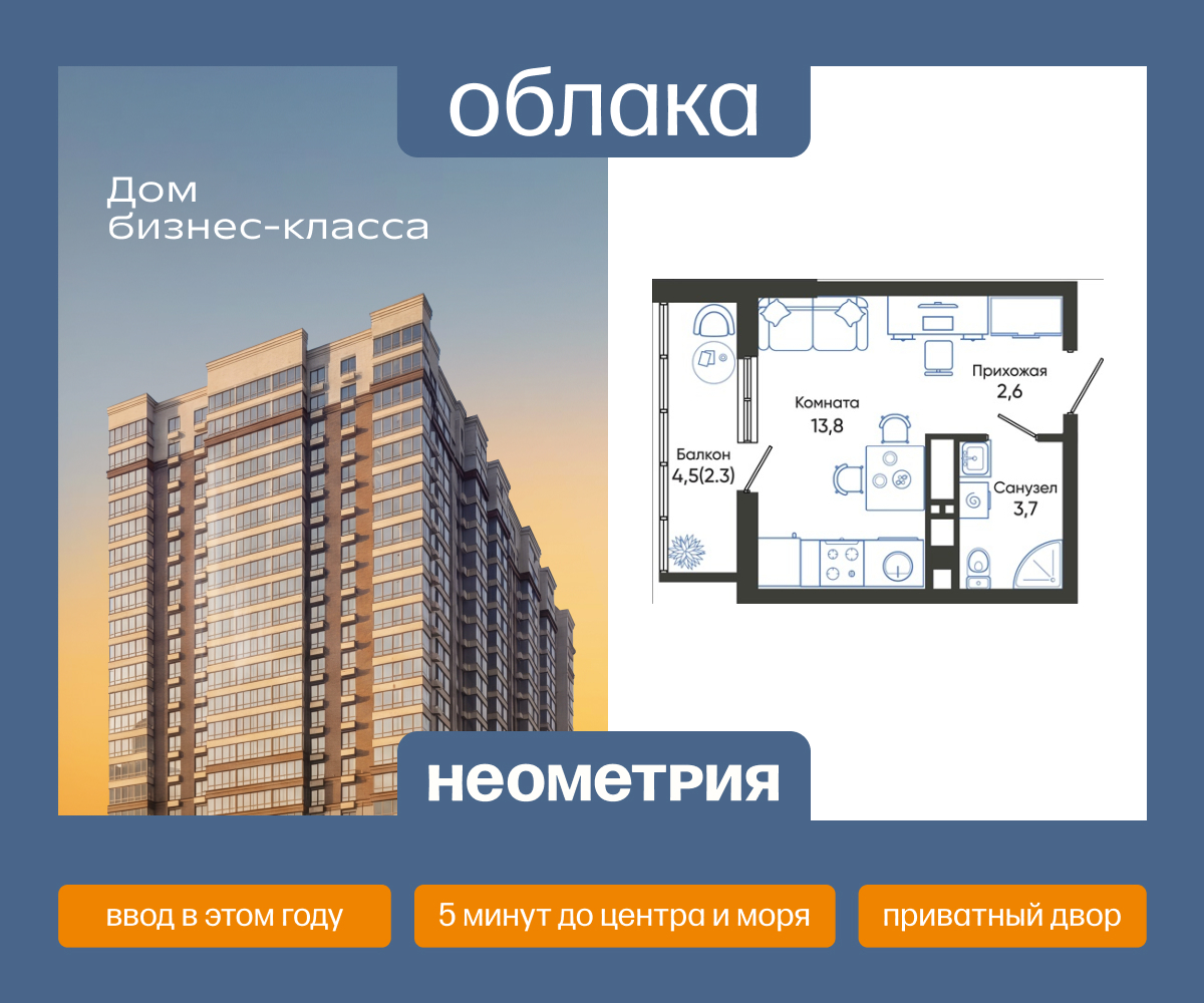 Планировка: Студия 22.40 м² в новостройке Облака