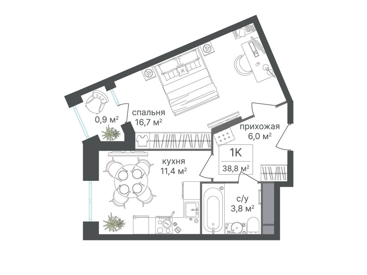 Планировка: 1-комн. квартира 38.70 м² в новостройке Варшавские ворота