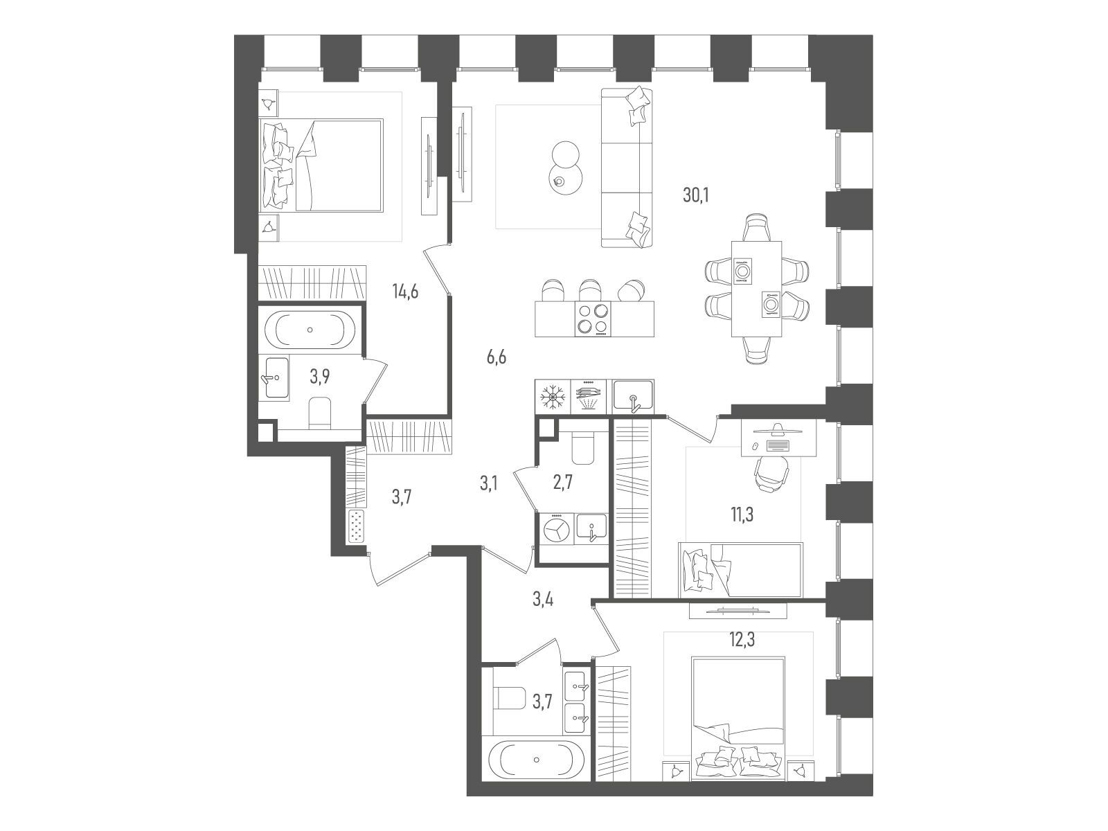 Планировка: 3-комн. квартира 95.40 м² в новостройке ЖК Пейв