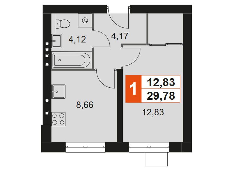 Планировка: 1-комн. квартира 29.78 м² в новостройке Мартемьяново Клаб