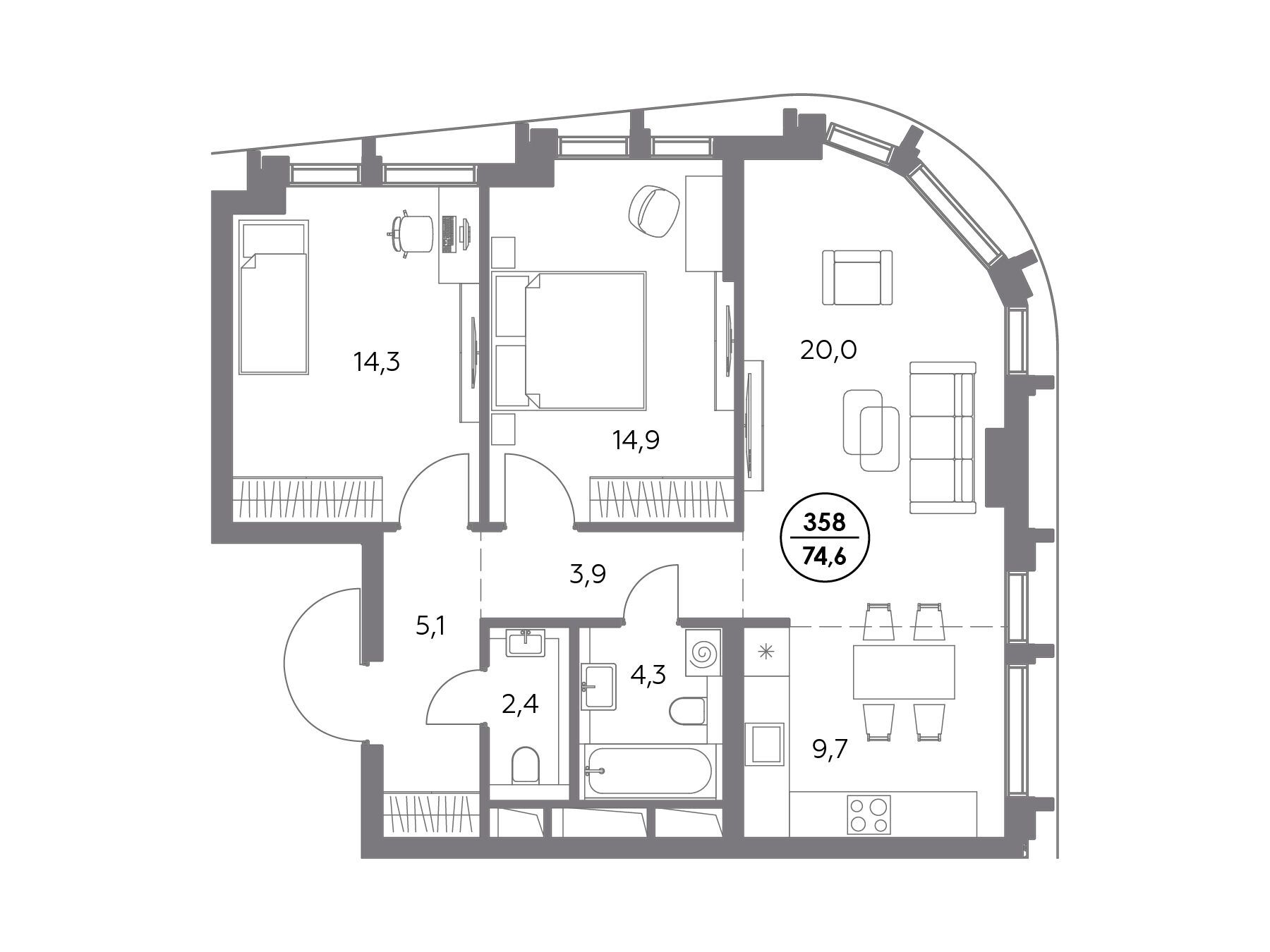 Планировка: 2-комн. квартира 74.60 м² в новостройке Дом 56