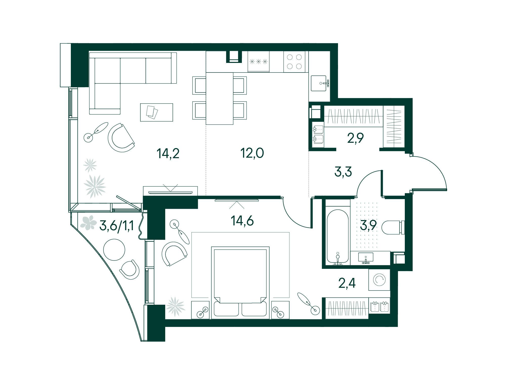 Планировка: 1-комн. квартира 54.80 м² в новостройке Примавера