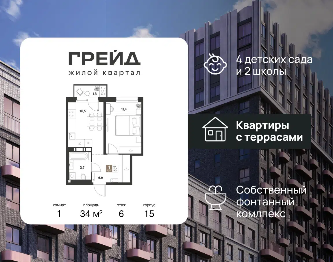 Планировка: 1-комнатная квартира 34.00 м² в новостройке Грейд