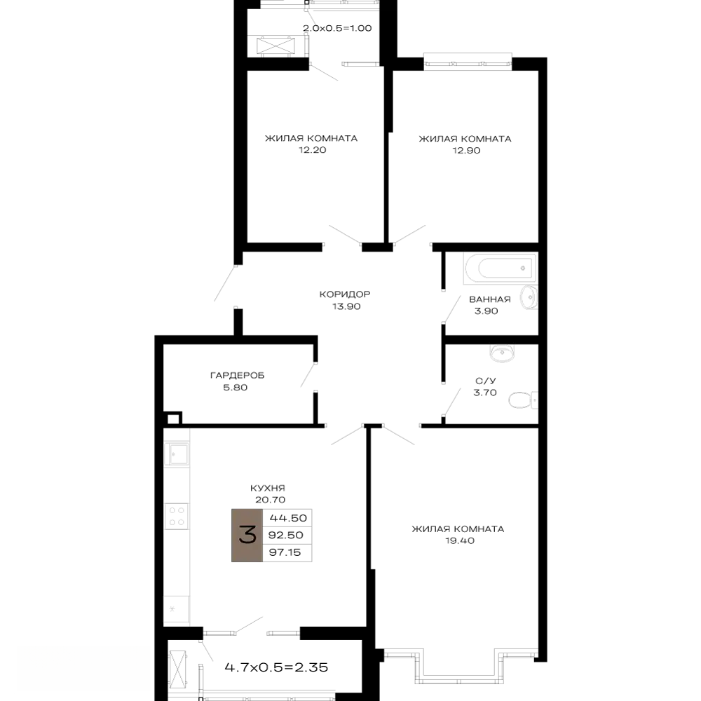 Планировка: 3-комн. квартира 96.54 м² в новостройке Сердце