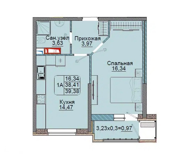 Планировка: 1-комн. квартира 39.38 м² в новостройке Репин-Парк